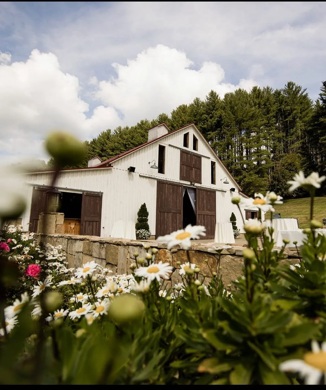 Gorgeous view of blooms and the main Barn