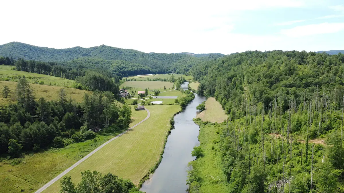 aerial view from the river of the propety and venue