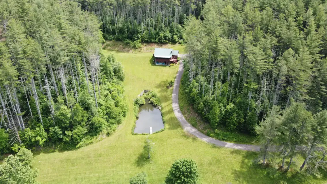 aerial view of the property and cabin